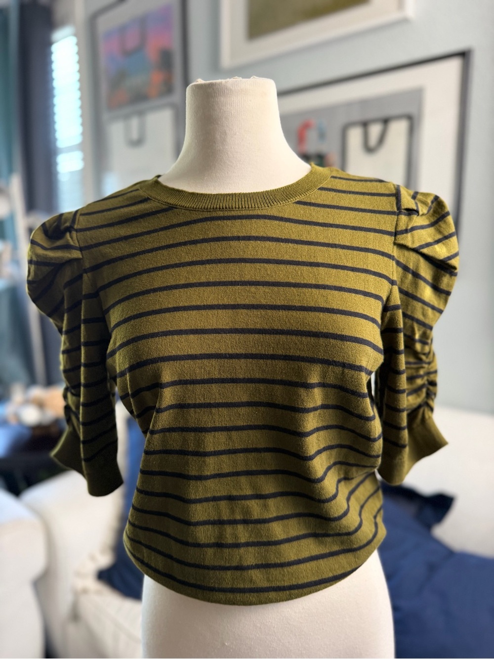 Y2K BCBG Olive Striped Puff-Sleeve Knit Top